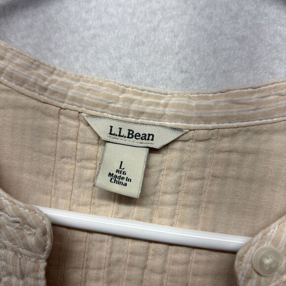 LL BEAN Shirt Womens Large Button Up Blouse Top Striped Beige White 100% Cotton - Picture 2 of 5